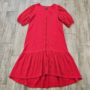 Maeve Scarletta Anthropologie Midi Dress Size M Red Textured Puff Sleeve Ruffle